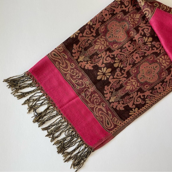 Hot Pink Shawl Pashmina with Tapestry Accents and Tassels - Picture 2 of 13